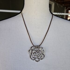 Silver Rose Outline Pendant Necklace on Brown Cord